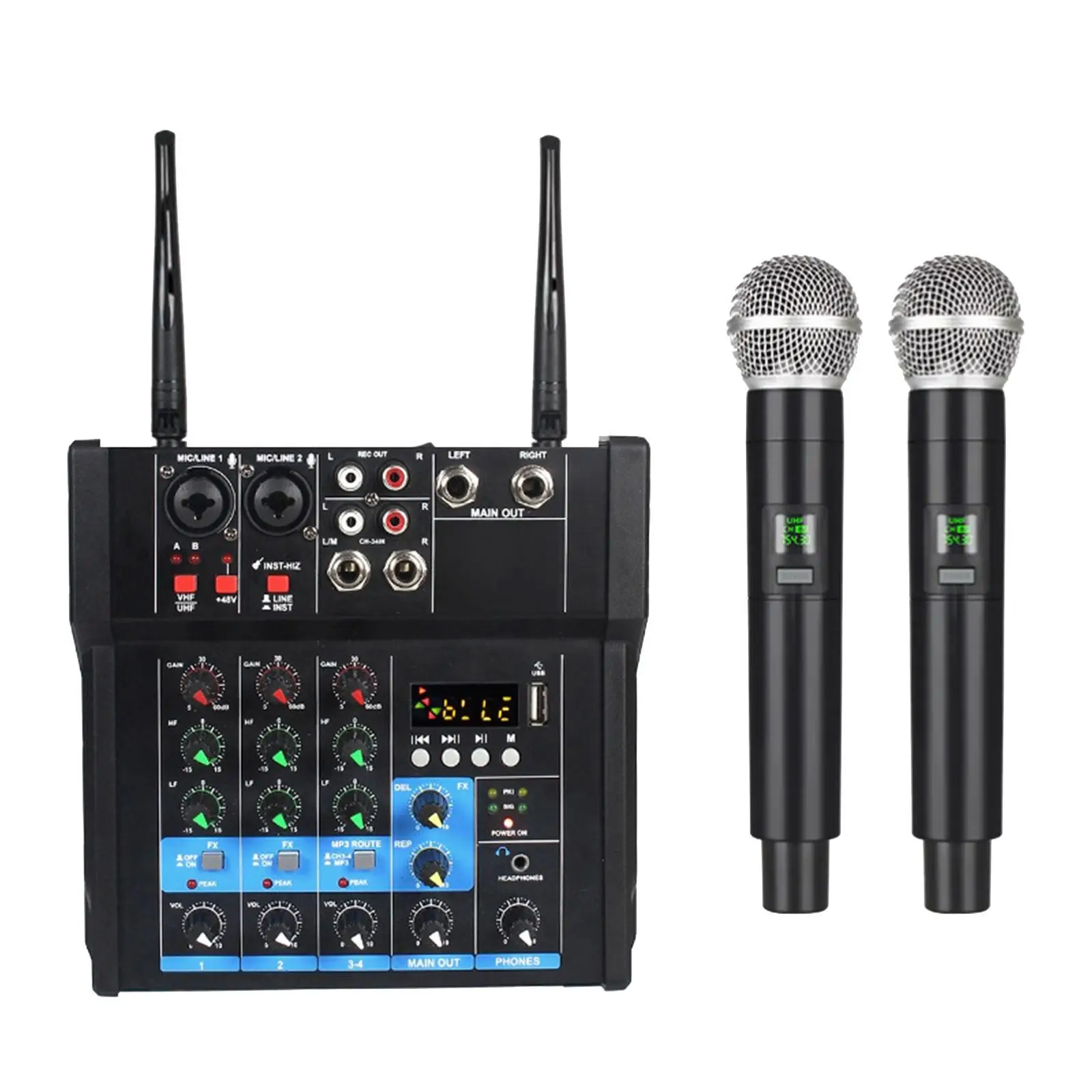 4 Channels Mixer with Microphone Durable Instant Listening USB Multi Inputs and Outputs Karaoke Music Professional EU Adapter