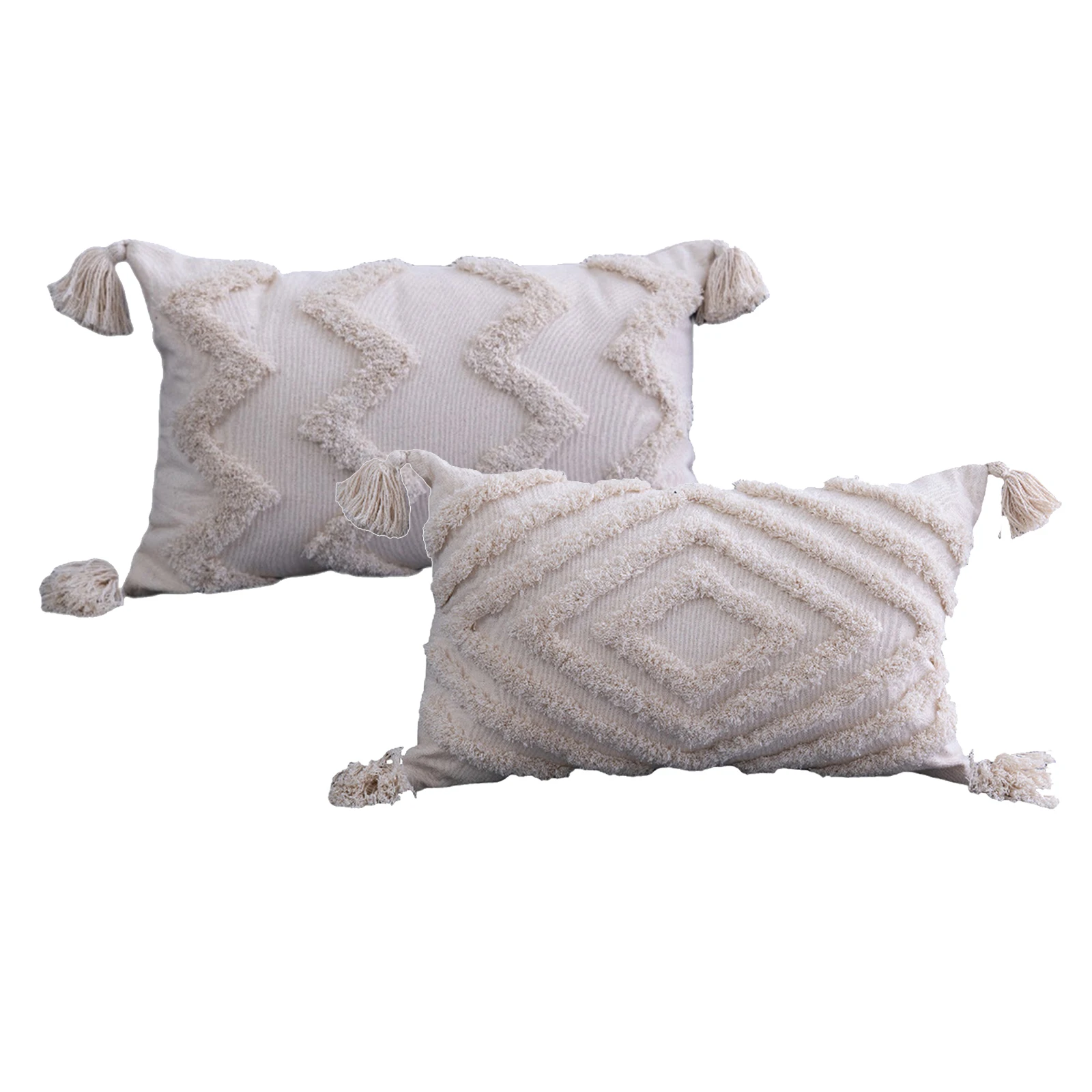 2x Throw  Covers Sqaure Fringe Woven Tufted Pillowcases for Sofa for