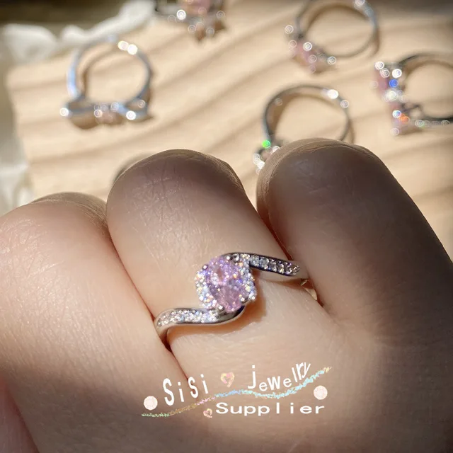 New Korean Fashion Pink Cute Ring for Women Adjustable Size Sparkling  Zircon Wedding Ball Jewelry Valentine's Day Friend Gift
