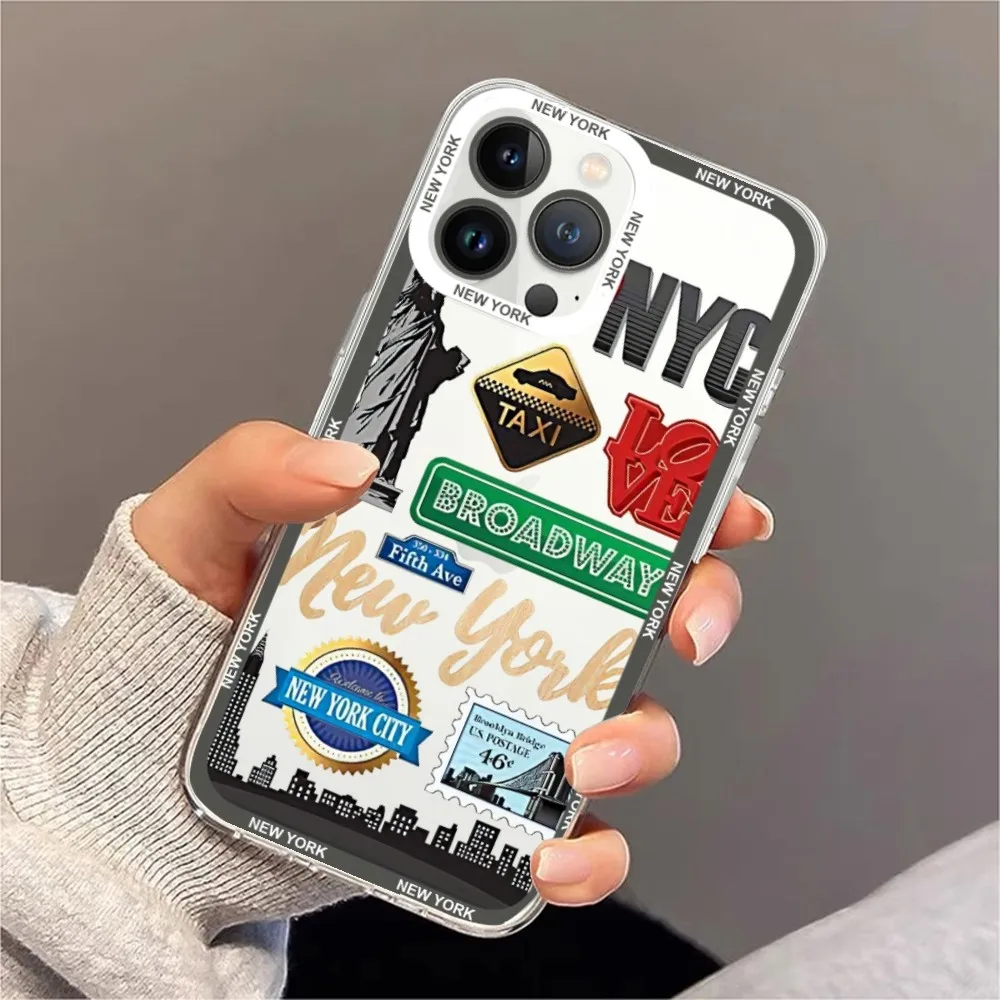 Coque de téléphone Attro New York pour iPhone, coque transparente, autocollant, 11, 12, Mini, 13, 14, Pro, Max