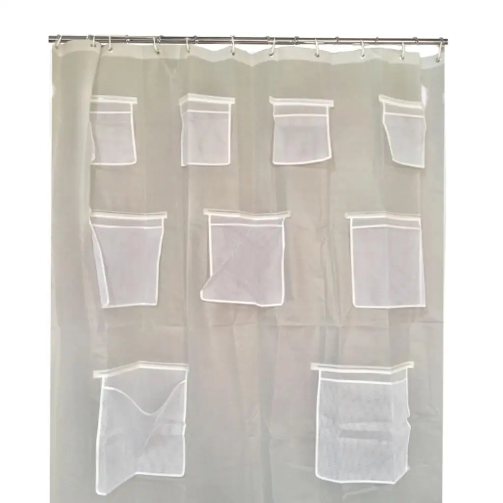 PEVA Mesh Pocket Shower Curtain with Metal Grommets Mould proof for Phone Tablet 180x180cm