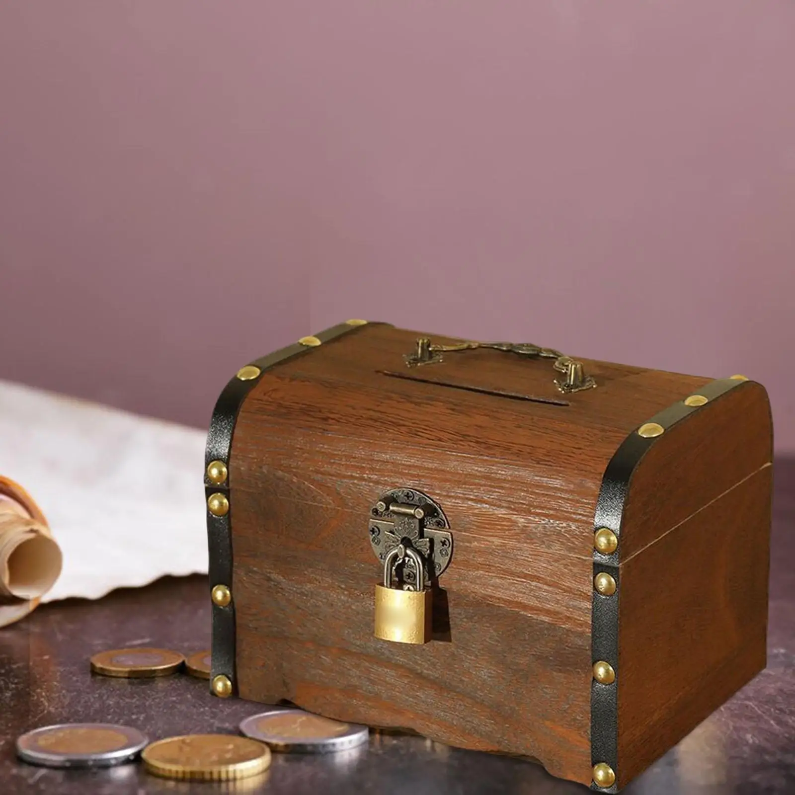 Vintage Wooden Piggy Bank Retro Style Handmade Lockable Decorative Money Box Organizer for Jewelry Trinket Children Kids Adults