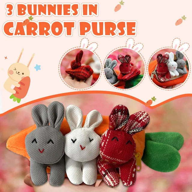PW TOOLS Lapins à cache-cache dans une pochette carotte fraise Cadeau de  lapin de Pâques dézippez la poupée lapin dans un sac à main carotte fraise