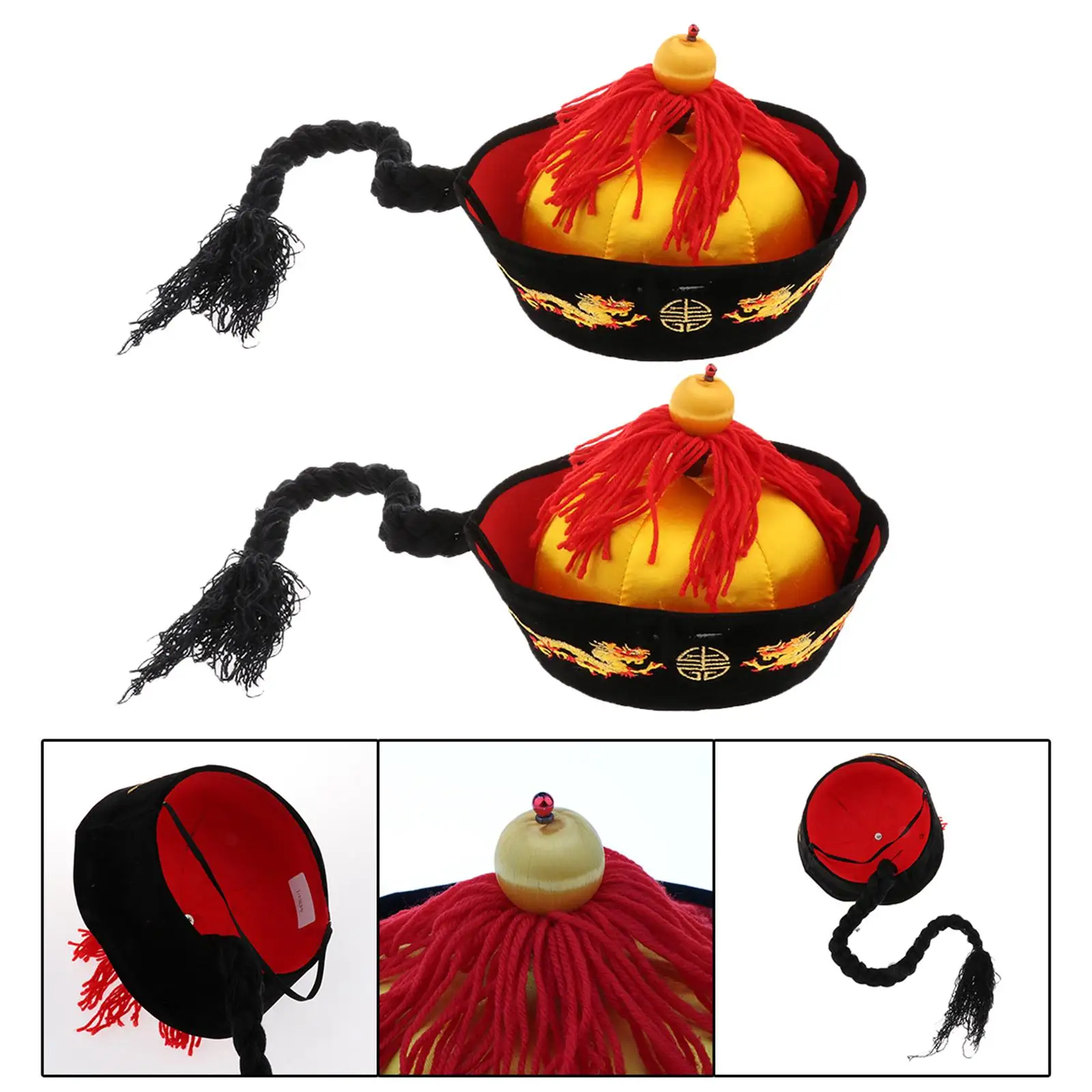 Chinese Emperor Hat with Braid Decorative Ethnic Hat for Photography Props Party Masquerade Stage Performance Fancy Dress