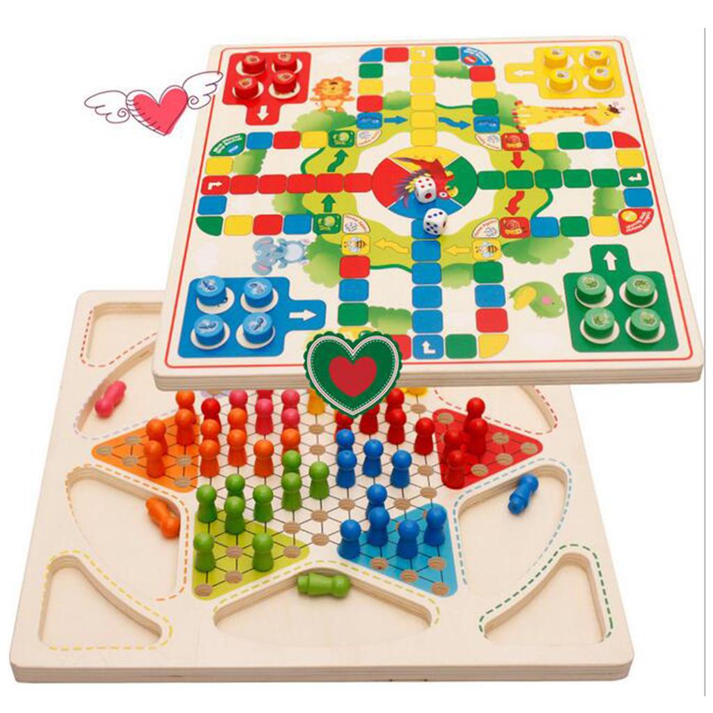 Colorful Chinese Checkers Board Flying Chess Wooden Ludo Board Game Set 2 in 1