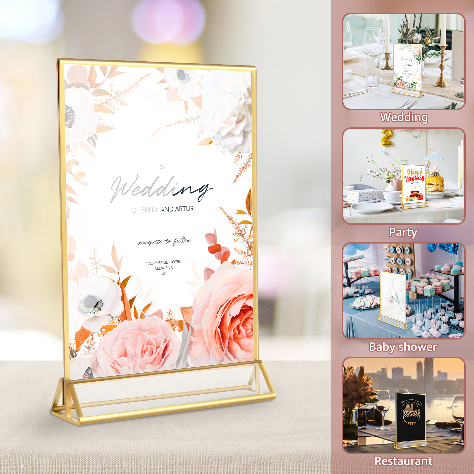 Description Picture 5 of itemAcrylic Sign Holder Gold Frames Clear Wedding Table Number Stand Menu Recipe Cards Holders Picture Frames Photo Display Stand