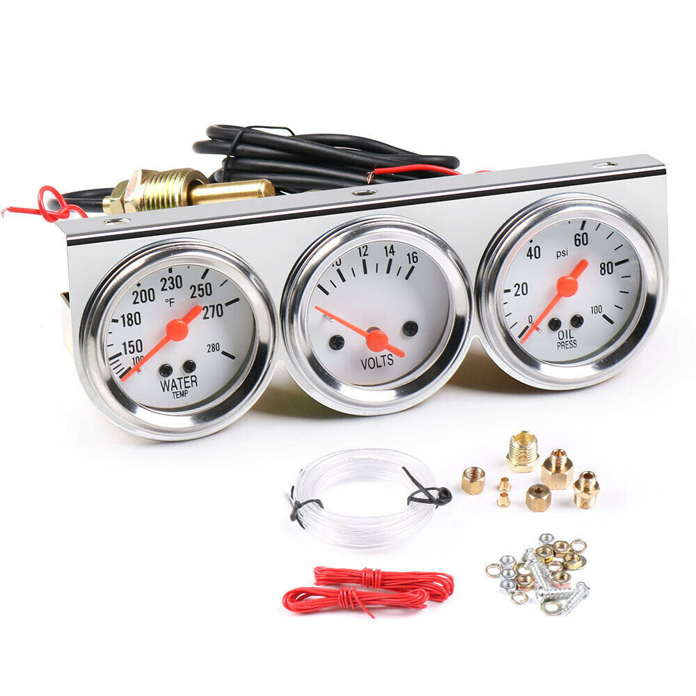 Racing style Oil Pressure Water Temp Volt Meter Gauge With Sensor Triple Gauge Set Mechanical Chrome Panel White Face