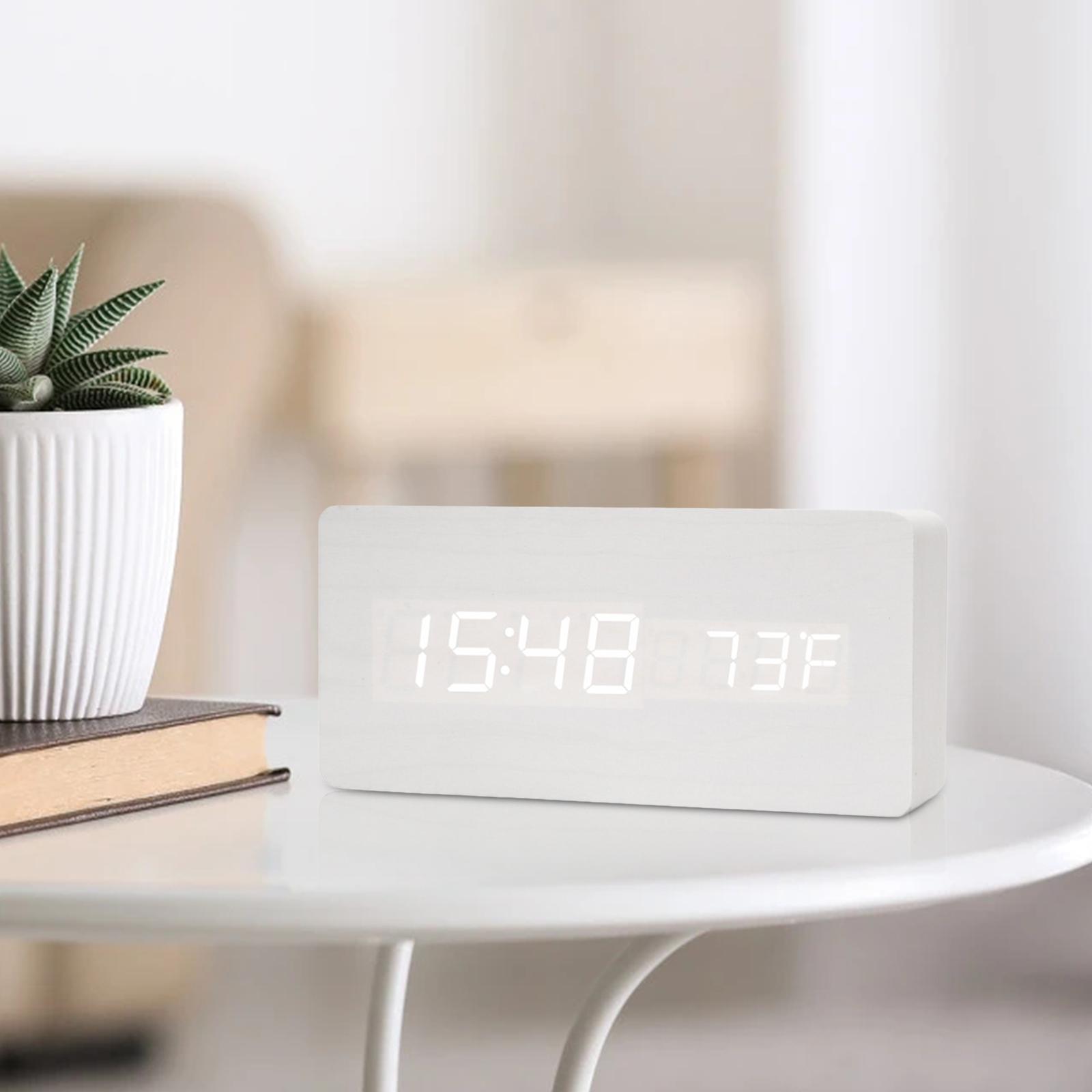 Portable Digital Alarm Clock Temperature Date Display Wood LED Office Decor