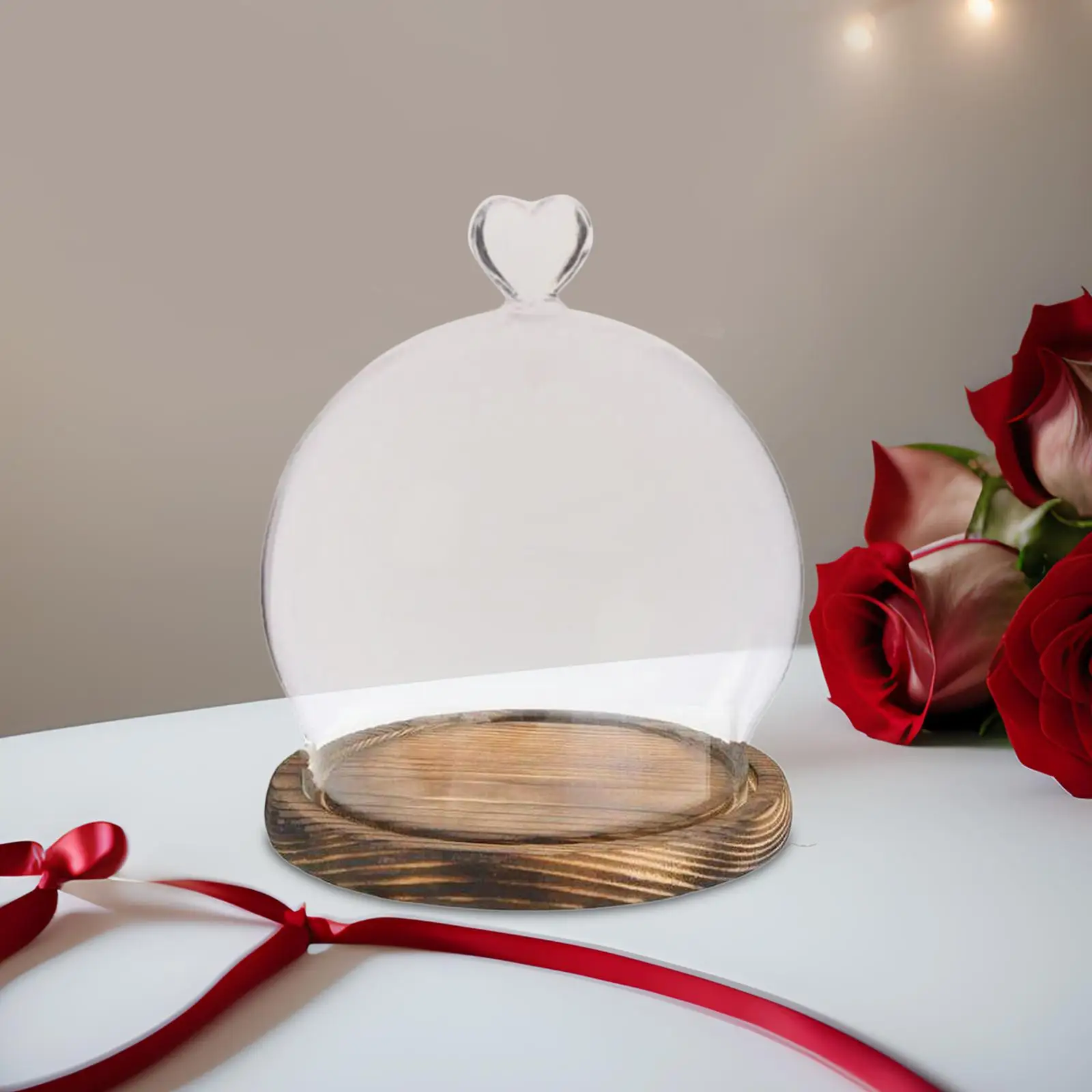Display Dome with Wooden Base DIY Valentines Day Decor Clear Stand Protective Anniversary Gifts Jar Home Decoration Glass Cloche