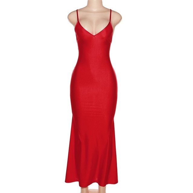 037 Red Spaghetti Strap Maxi Dress Women Sexy Sleevelss Backless V-Neck  Slim Party Evening Clubwear - AliExpress