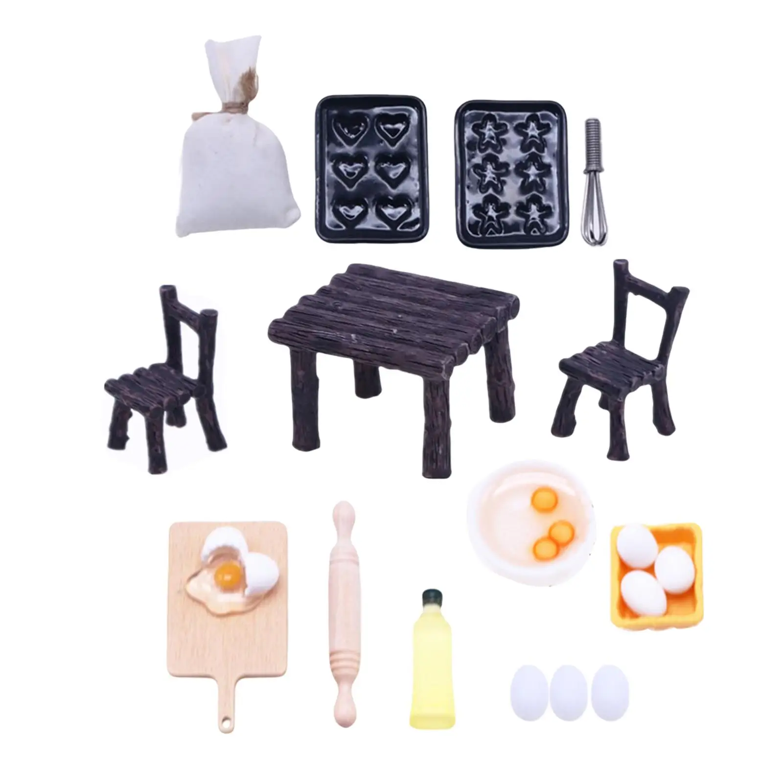 1:12 Dollhouse Cooking Miniature Desk and Chair Set Rolling Pin Tray Egg Bowl Olive Oil Pretend Play Toy Set Decoration Gift