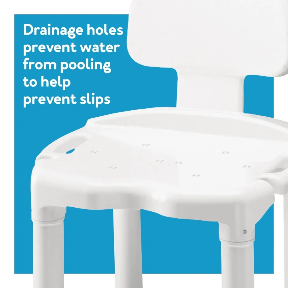 The slip-resistant bath chair, designed with senior-friendly features, includes drainage holes to prevent water from pooling and help prevent slips.