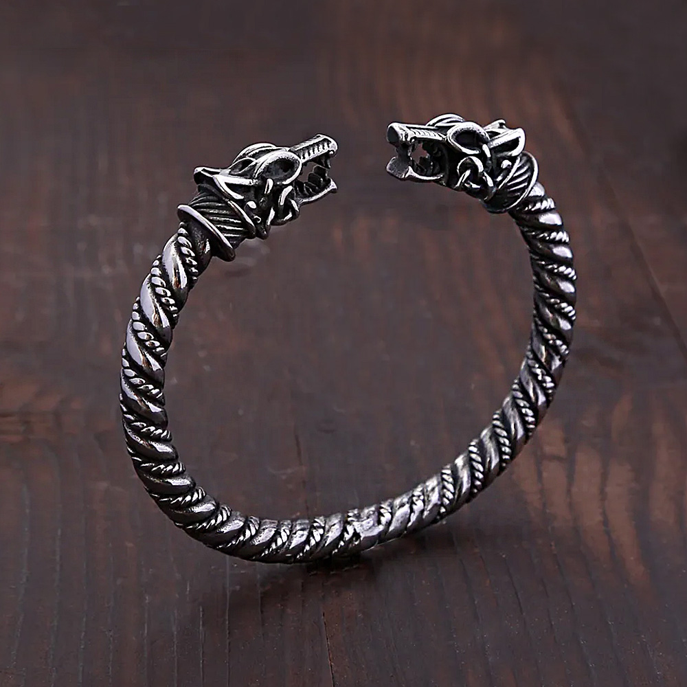 Vintage Nordic Wolf Kopf Armband Edelstahl Viking Männer Armband Mode Biker Tier Amulett Schmuck Geschenke Dropshipping – Detail 2