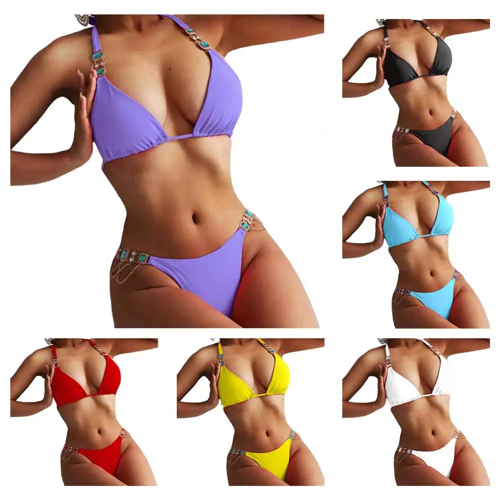 Summer Bikini Set Solid Color Three-point Padded Rhinestone Women Swimsuit for Swimming cute bathing suit cover ups