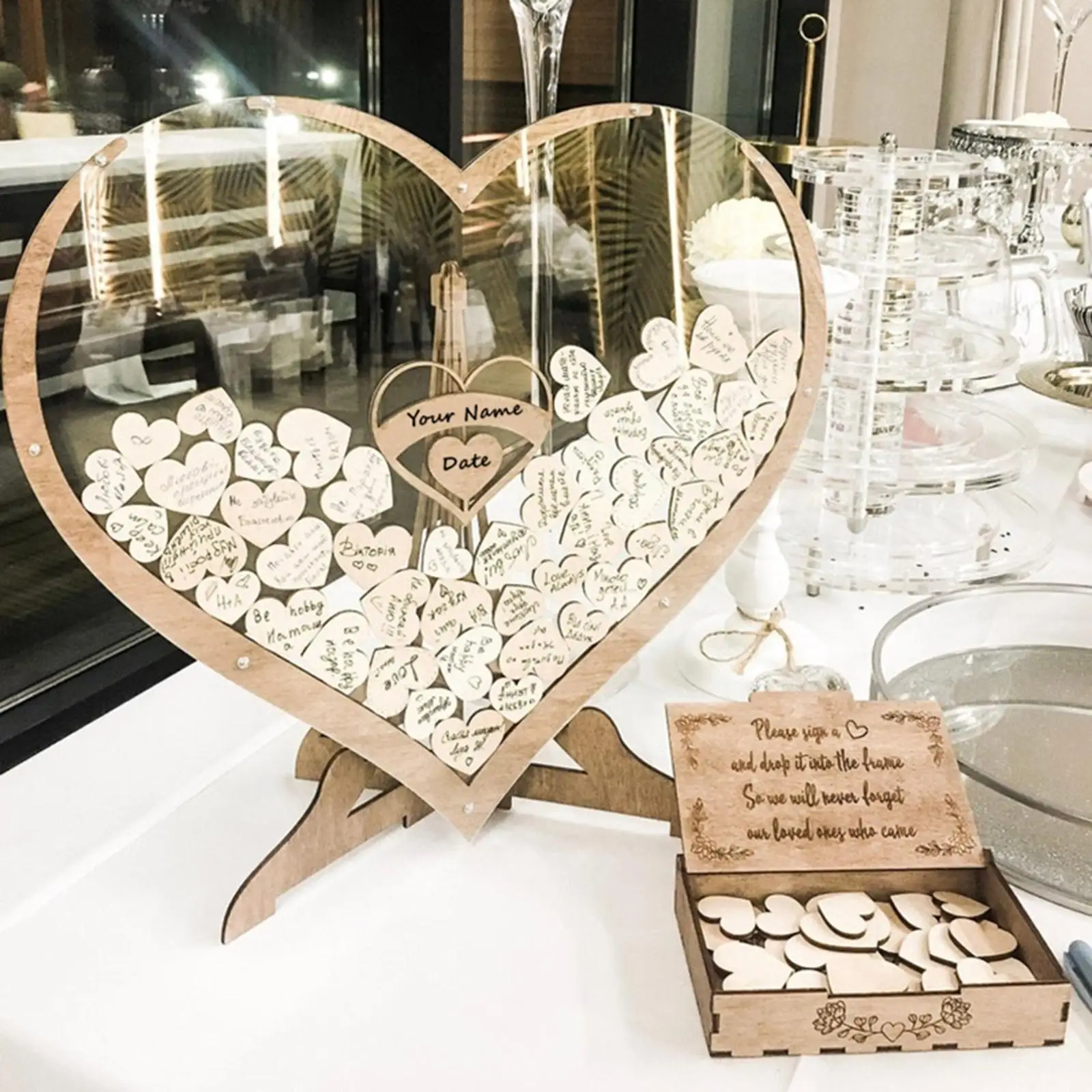 Heart Shaped 3D Wedding Guest Book, Drop Box with Wooden Sign Hearts, Guest