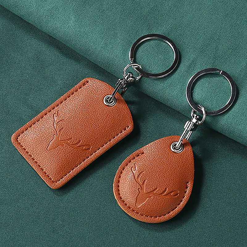 1Pc Access Card Case Leather Card Holder Keychain Key Ring Door Lock Access Tags ID Card Case Keychain Access Card Bag