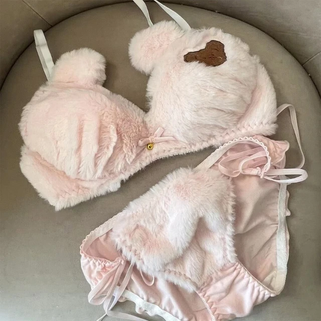 Japanese Sweet Kawaii Pink plush cat embroidered unrimmed bunched bra set