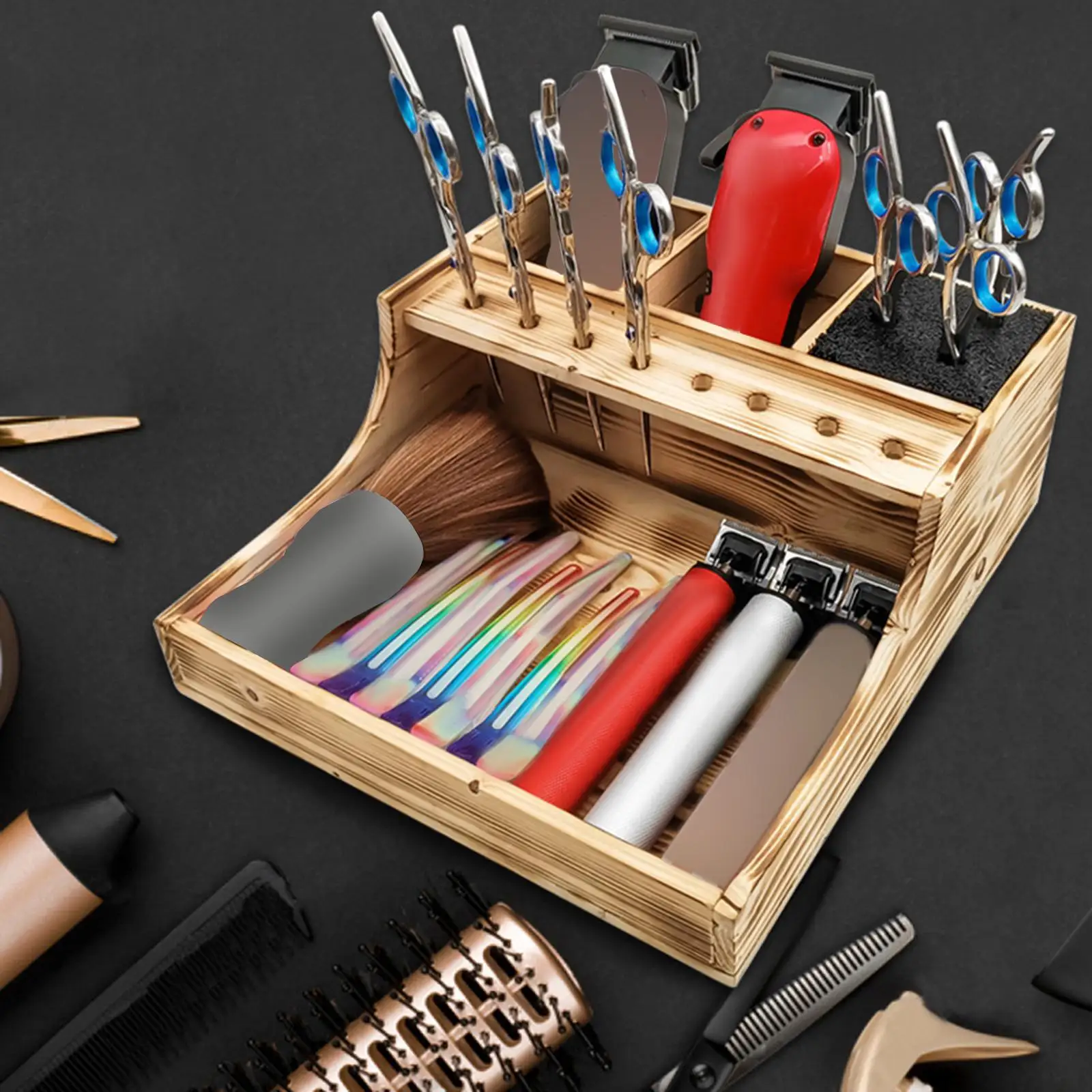 Solid Wood Hairdressing Tool Holder Clipper Hair Scissors Hair Brush Organizer Storage Rack Stand Hair Styling Tools Storage Box