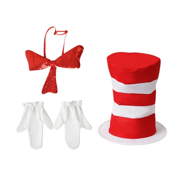 Chapeau haut rayé rouge et blanc, nœud à paillettes, gants blancs