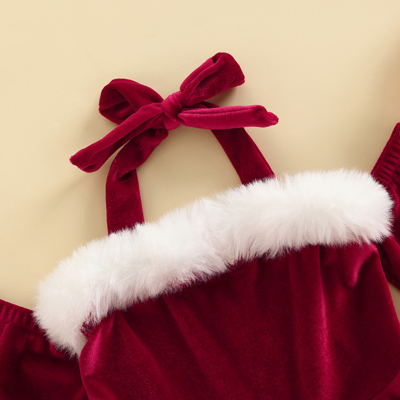 FOCUSNORM 1-5Y Kinder Mädchen Weihnachten Samt Kleid Langarm Off Schulter Schnürung Neckholder Backless Urlaub Kleid – Detail 4