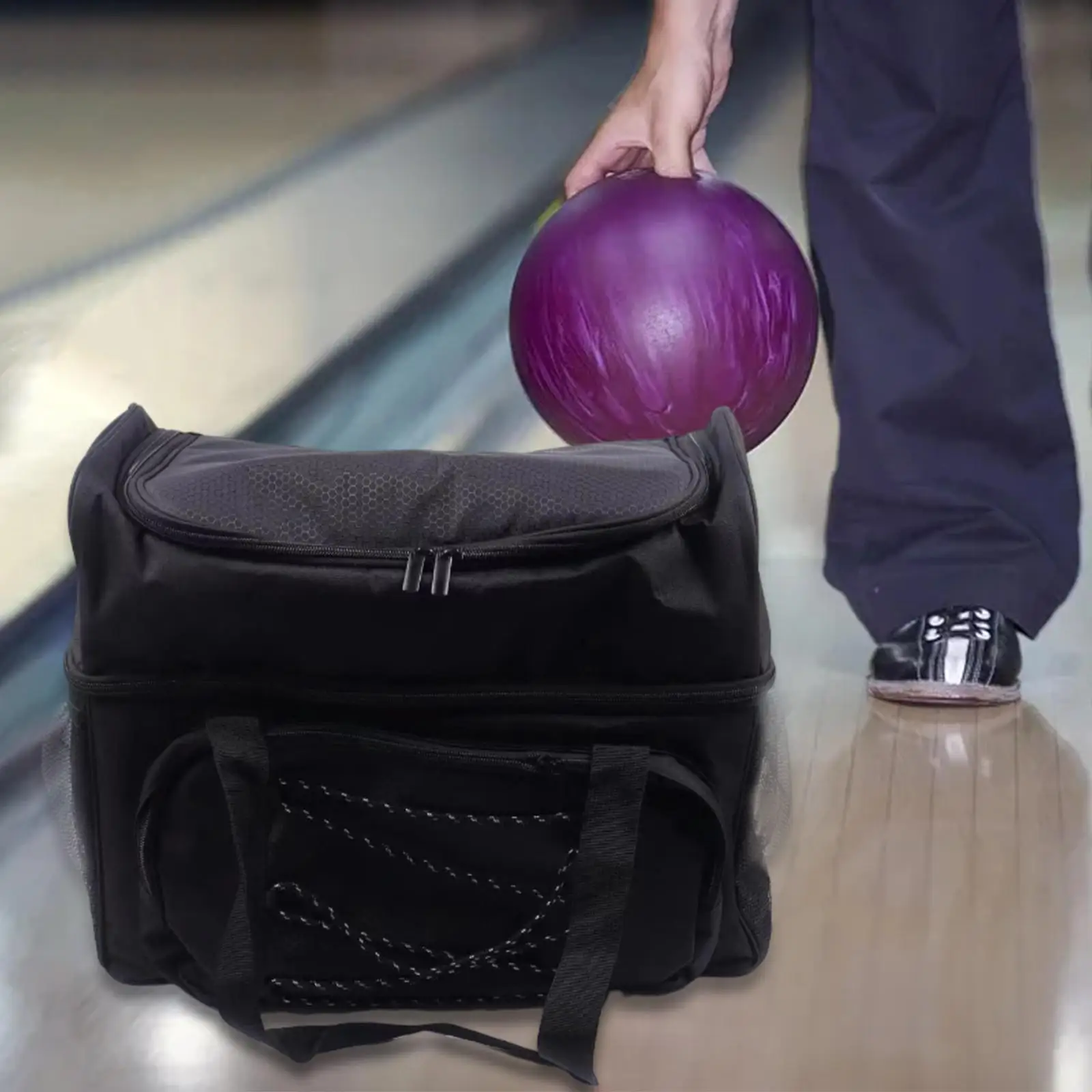 Bowling Bag for Double Balls Nylon Protective with Padded Divider Handbag Bowling Ball Tote Holds Single Pair of Bowling Shoes