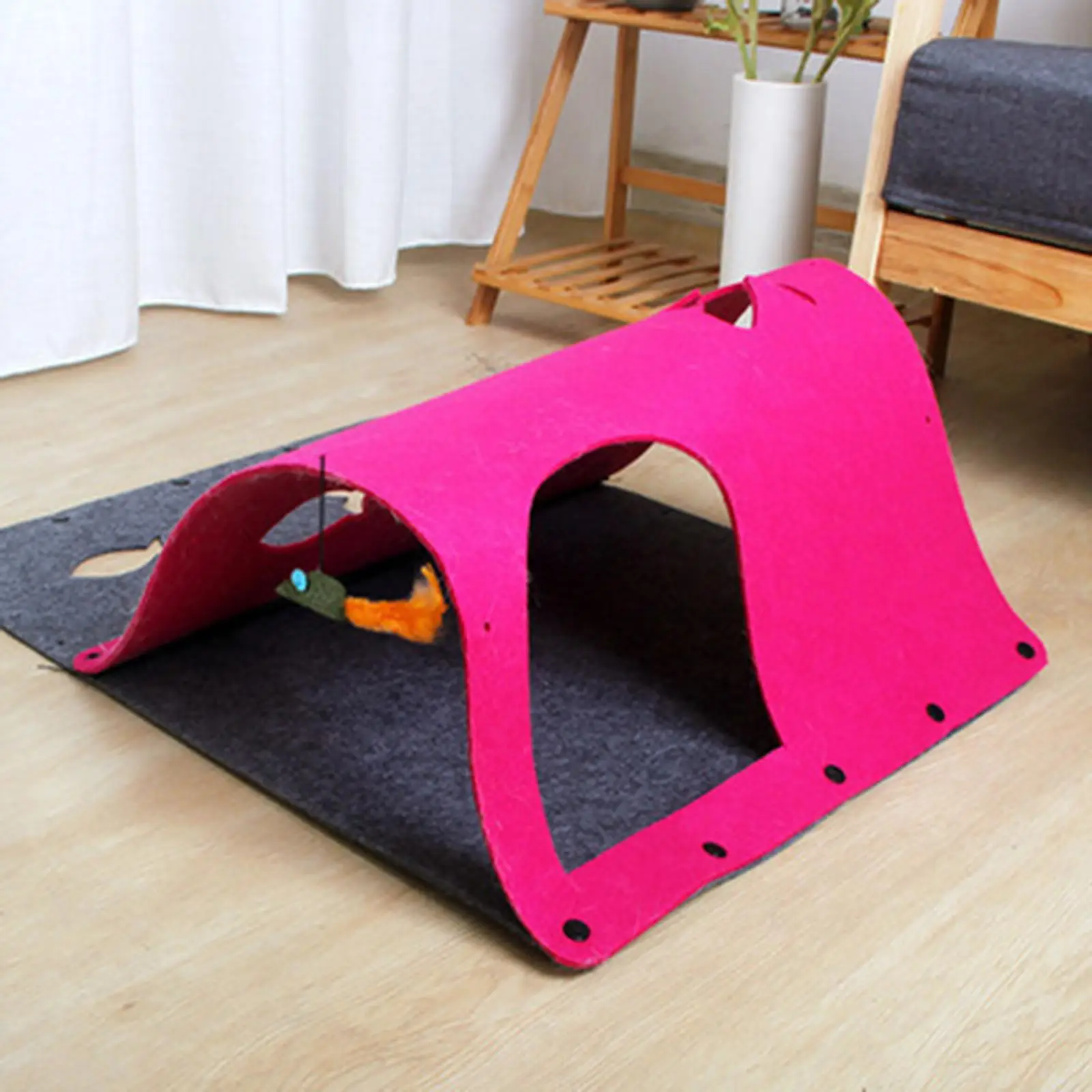 Felt Cat Tunnel with Hanging Mouse Interactive Toy Peep Hole Play Mat Cat Toy Cat Tube for Kitten Exercise Rabbit Hides 44x60cm