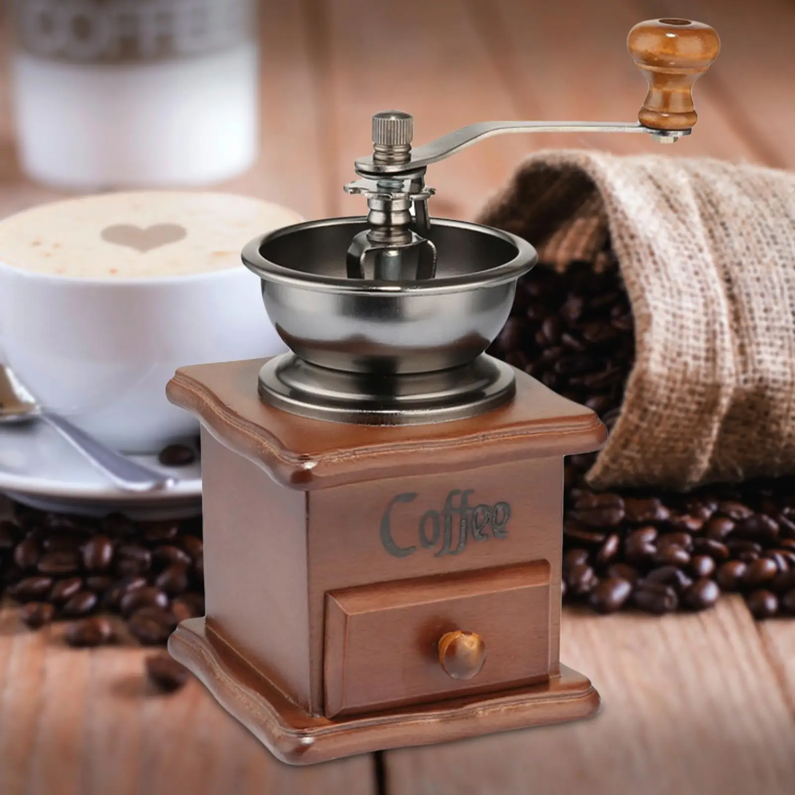 Vintage Style Wooden Bean Grind with Drawer Hand Crank Coffee Mill Classic Coffee Mill Hand Crank Coffee Grinders
