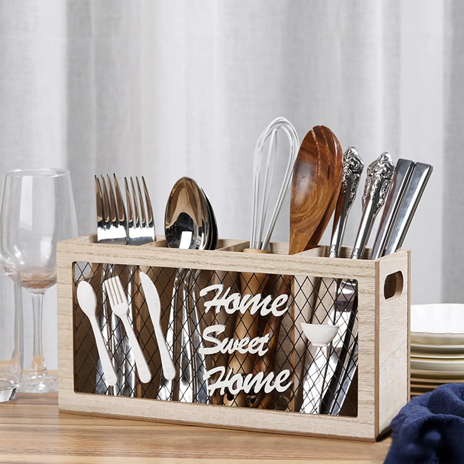 Wood Utensil Holder with 4 Compartments Fork Stand Block Tableware Storage Rack Silverware Organizer for Scissors Fork Knives