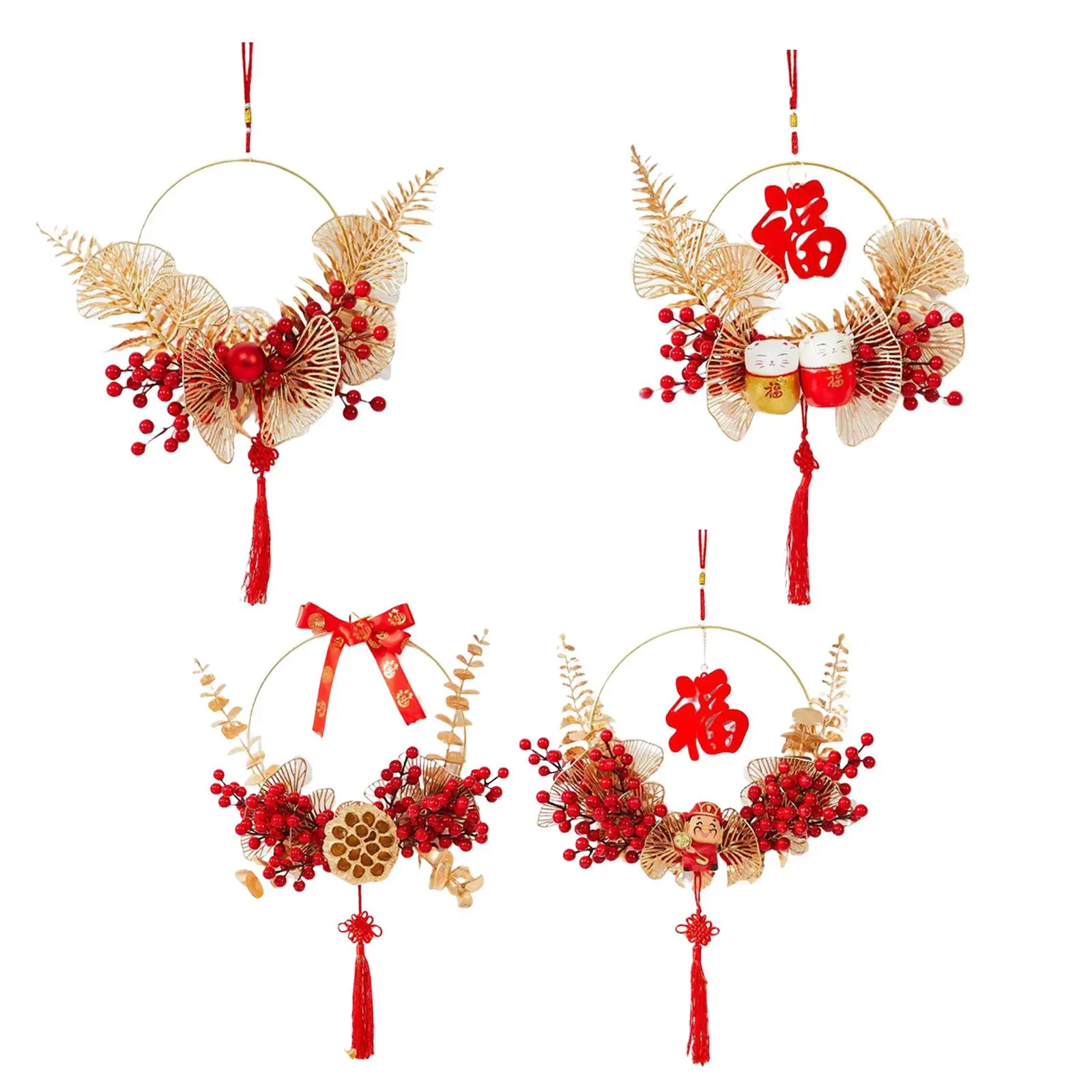 Handcraft Chinese New Year Wreath with Chinese Knot Tassel Fu Character Adornment Hanging Garland for Door Tree Decor