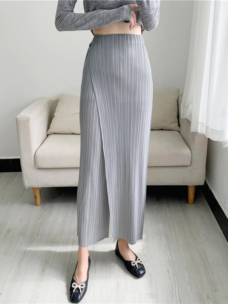 ALSEY Miyake Pleated Wide Leg Ankle-length Pants for Women Autumn New Simple Elastic Waist Solid Color Straight Female Trsouser