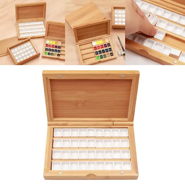 Empty Bamboo Paint Palette With Lid Portable Watercolor Paint Tray Storage  Box