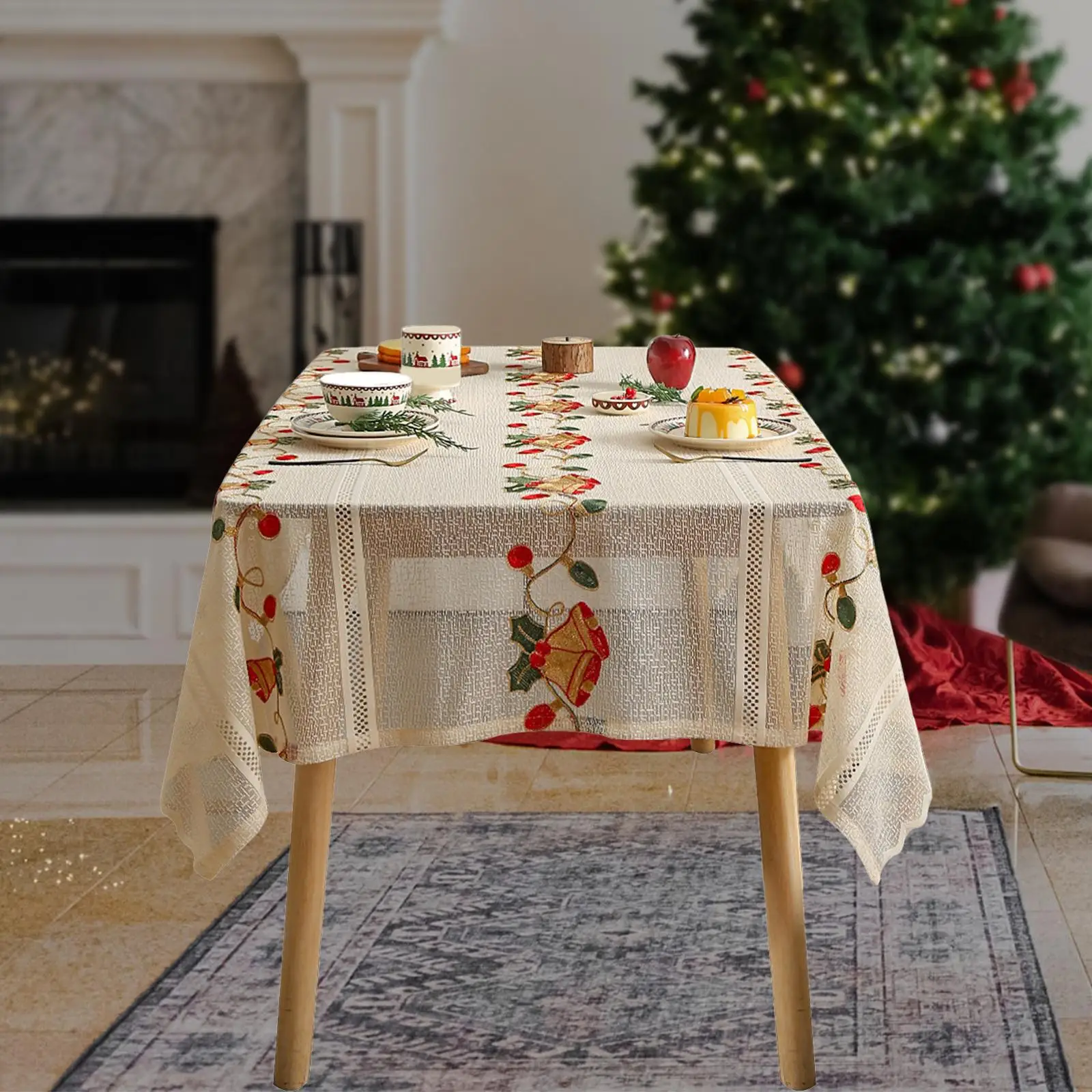Christmas Tablecloth Rectangle with Bell Pattern Washable Table Cloth for Wedding Festival Living Room Banquet Dining Room