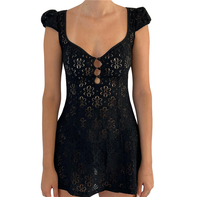 y2k Going Out Mini Lace Dress Summer Women See Through Short Sleeve V Neck Hollow Out Button Down A Line Dress Clubwear