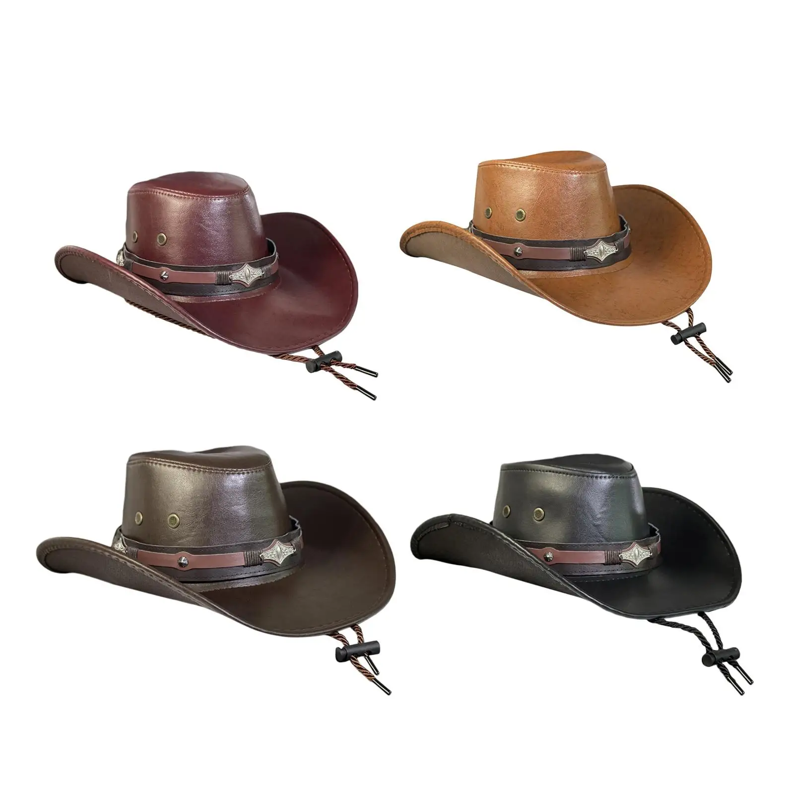 Western  Hat Sun Hat Durable PU Leather Hats Gentleman Jazz Hats with Chin Strap for Halloween Stage Performance Props