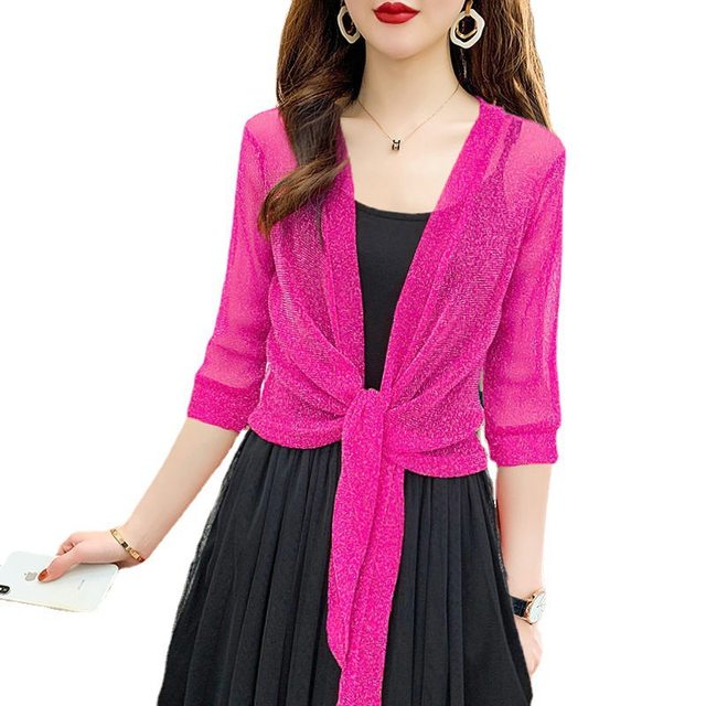 Women's Sheer Glitter Lace-up Cardigan Half Sleeve Summer Lightweight  Jacket See-through Loose Blouse Women