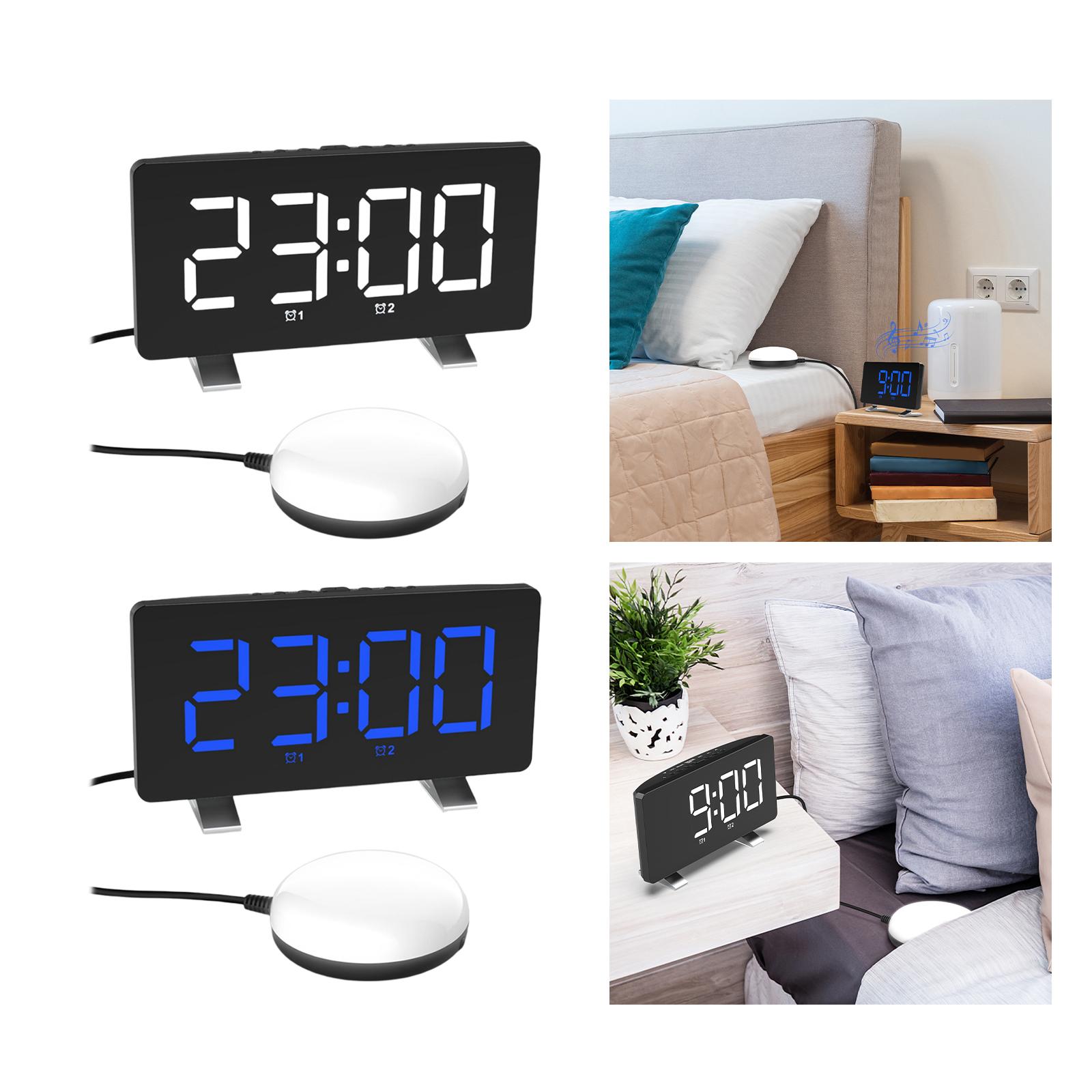Clock LED Desk Mirror Alarm Clocks Snooze USB Charger Ports Vibrator Clock Night Light with Bed Shaker for Deaf Adults Kids