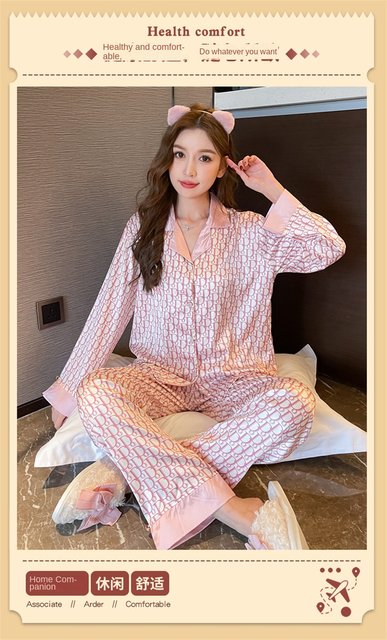 New Women's Pajamas Fashion Luxury Letter Jacquard Lattice Sleepwear Silk  Like Nightwear V-neck Homewear Pyjamas Femme