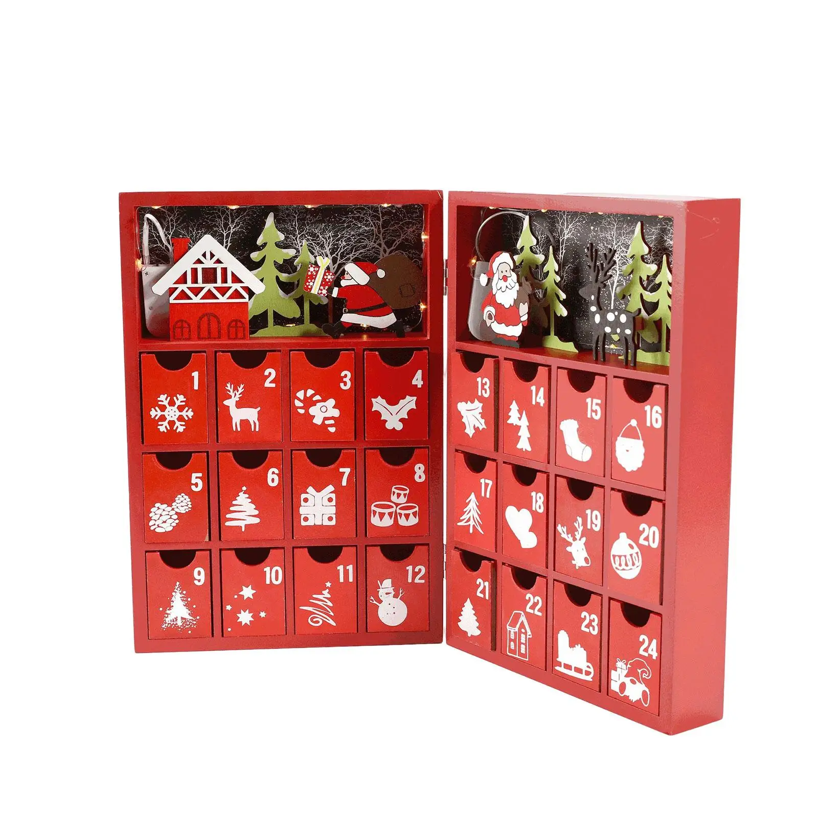 Wood Advent Calendar Candy Organizer with Storage Drawers Santa Claus Pattern for Desktop Holiday Tabletop Home Decoration