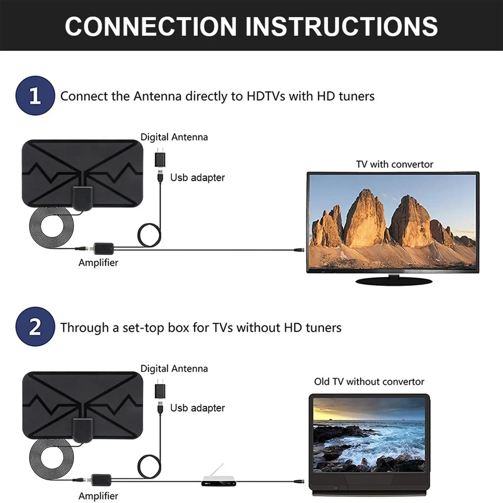 3600 Miles Digital TV Antenna Support 4K 1080P for Free Channels VHF/UHF