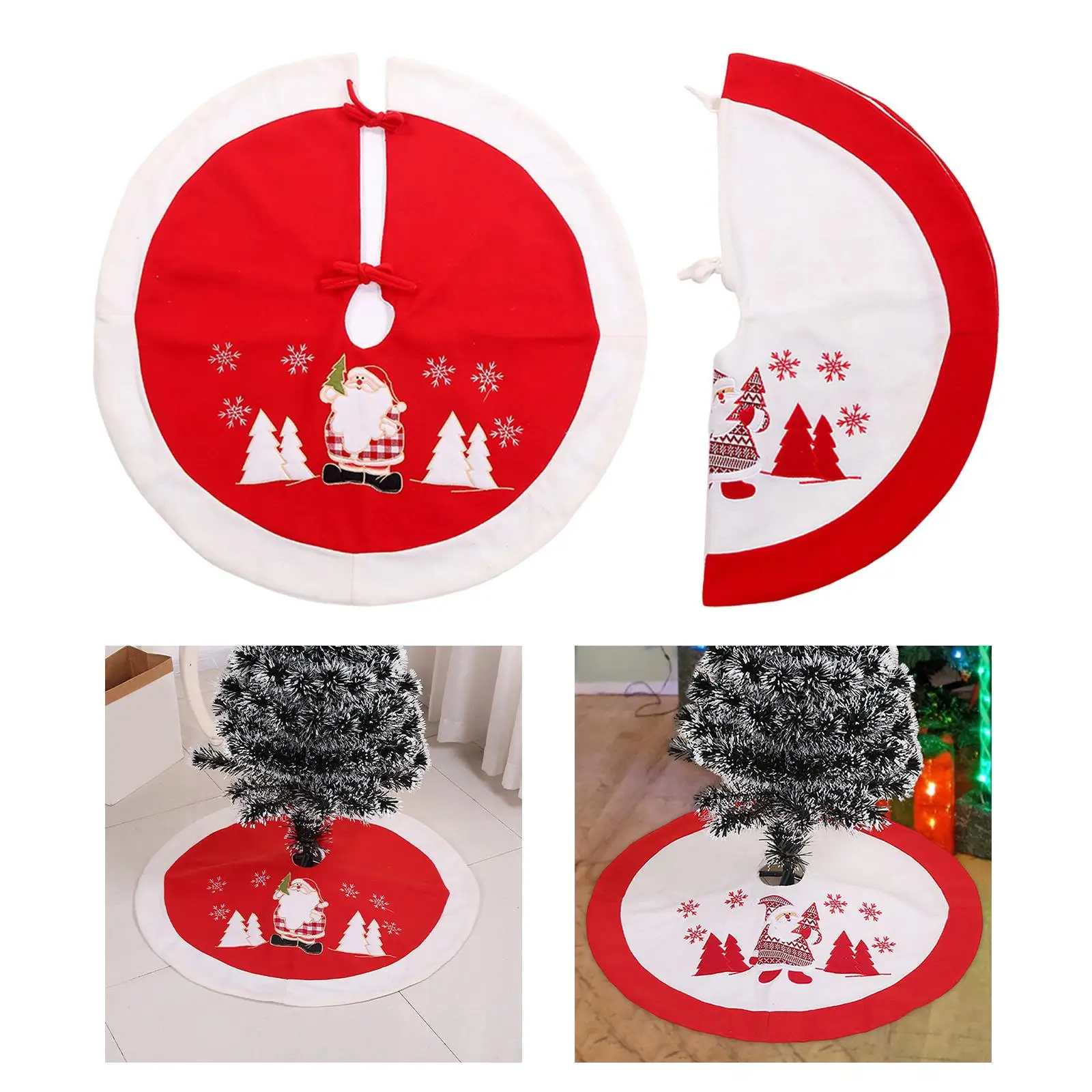 35inch Christmas Tree Skirt with Santa Claus Pattern Vintage Ornaments Xmas Tree Mat for Outdoor office home