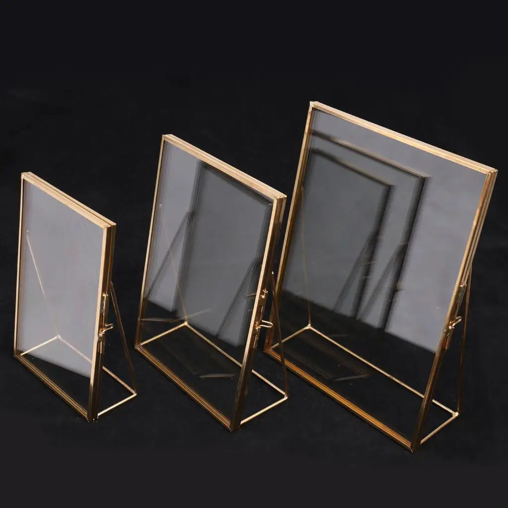 Simple Antique Gold Rectangle Glass Photo Frame Folding Desktop Picture Brass Frames for Portraits and Landscape Home Decoration