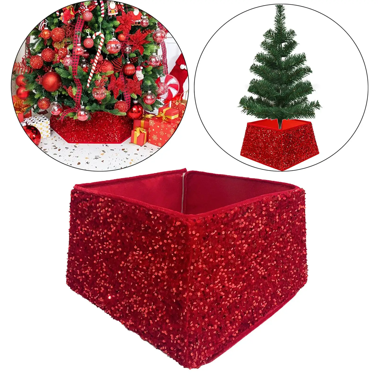 Large Christmas Base Box Cover Multipurpose with Red Sequin Reusable Standing Square christmas Base Skirt for Home Party
