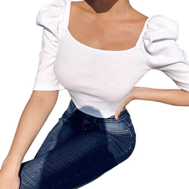 Sexy Backless Women T-shirt Black Puff Sleeve on sale Show Navel Half Sleeve