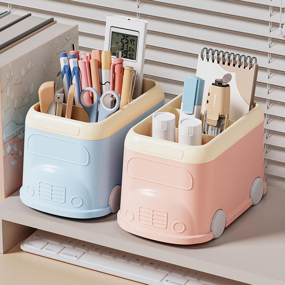 Desktop Pen Holder 3 Compartments Cute Bus Shape Multifunctional Stationery Pencil Organizer Container Storage Box