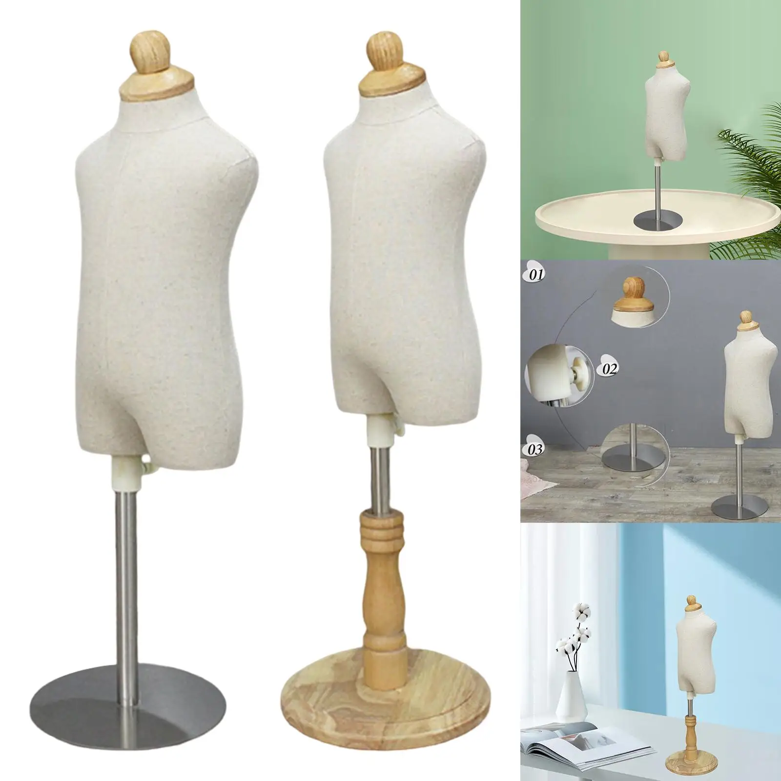 BEIYANG Child Mannequin Torso Dress Form Display Stand Designer Pattern Model Props Clothing Store Window Display Rack Head+Wood arm+Silver Square Base 4T 