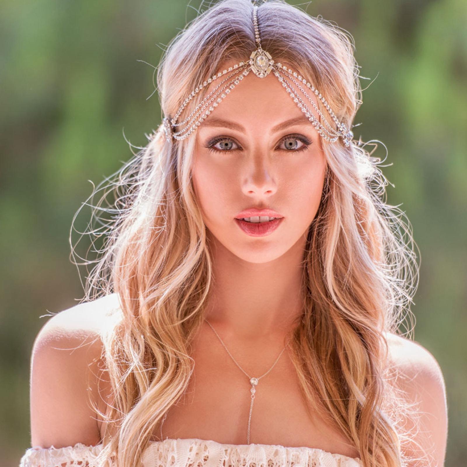 Head Chain Rhinestones Bohemian Jewelry Boho Forehead for Prom Girls Silver