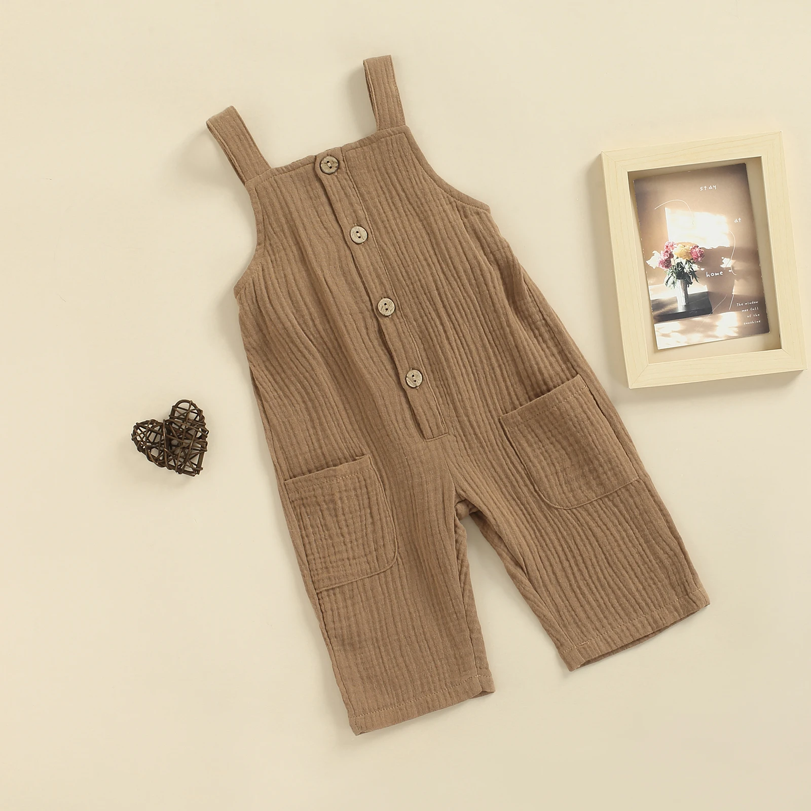 Cute Infant Baby Girls Romper Children Baby Girls Boys Solid Color Jumpsuit, Square Collar Sleeveless Button-down Suspender Trousers, Brown/ Khaki Baby Bodysuits for boy