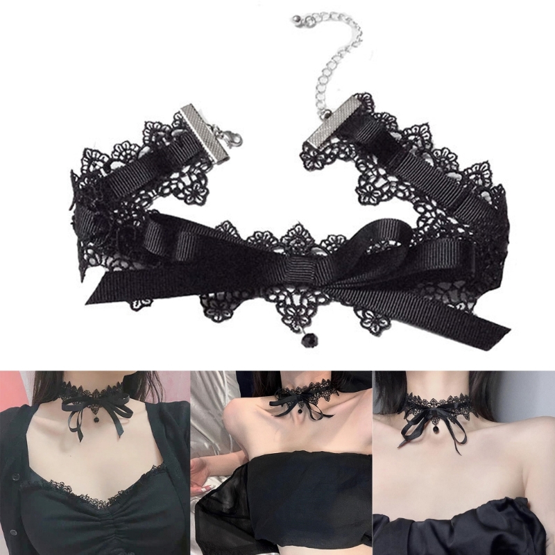 652F Schwarz Spitze Bowknot Halsband Halskette Süße Kragen Halskette Frauen Schlüsselbein Kette – Detail 1