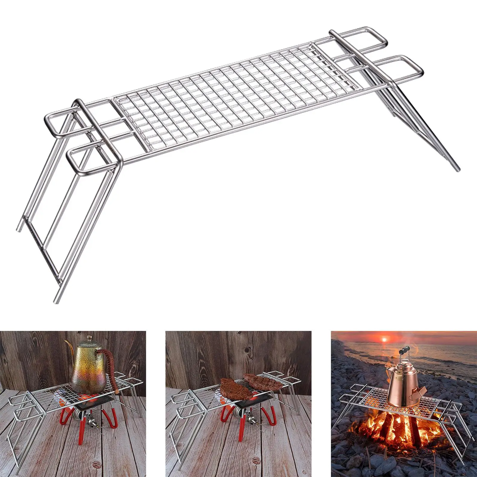 Barbecue Grill Pot Rack Foldable Leg Design Adjustable Height Cookware BBQ Net Mesh Rack for Hiking Picnics Traveling Fishing