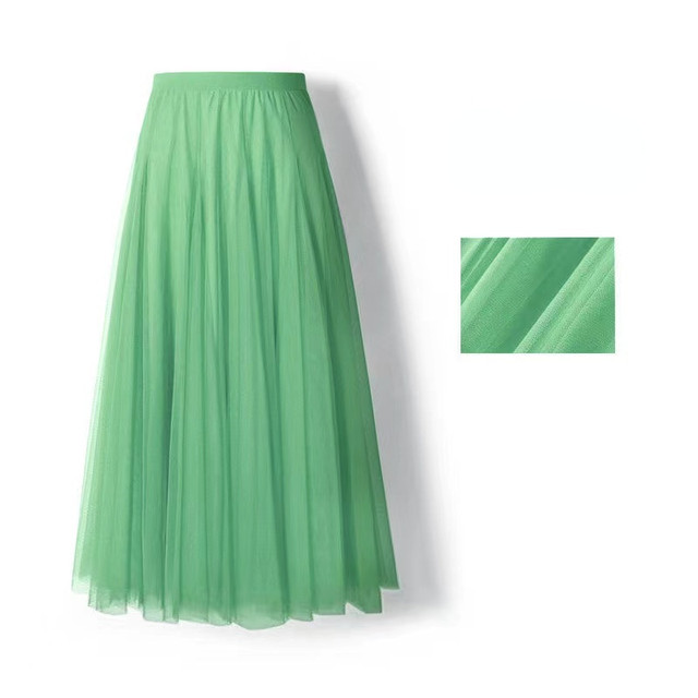 Green Pearl Beading Tulle Skirt Women 2022 New Fashion Midi Long Mesh Skirt  Female High Waist Tutu Skirts Jupe Longue